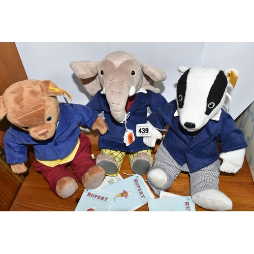 439 - THREE STEIFF RUPERT CLASSIC CHARACTERS, comprising Algy Pug 01756, Bill Badger 017049 and Edward Tru... 