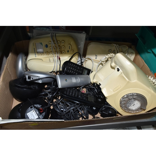 444 - FOUR BOXES AND LOOSE MISCELLANEOUS SUNDRIES, to include a cream B.T dial telephone 746 GEN 75/IA, as... 