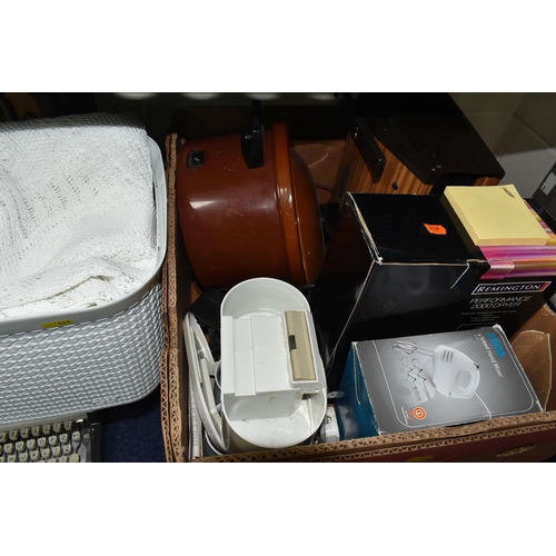 444 - FOUR BOXES AND LOOSE MISCELLANEOUS SUNDRIES, to include a cream B.T dial telephone 746 GEN 75/IA, as... 