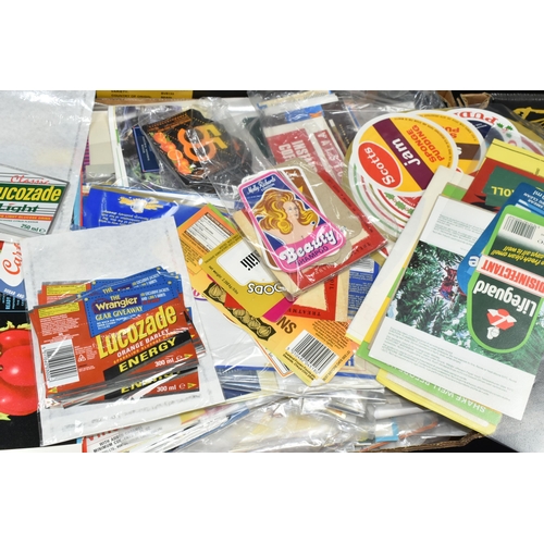 445 - THREE BOXES OF BOTTLE AND TIN ADVERTISING LABELS, most appear unused and from the 1970s to present d... 