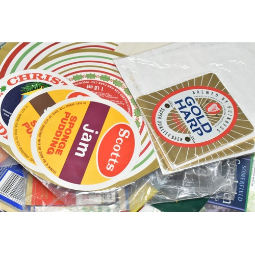 445 - THREE BOXES OF BOTTLE AND TIN ADVERTISING LABELS, most appear unused and from the 1970s to present d... 