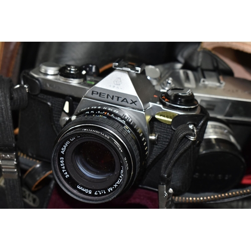 447 - A BOX OF CAMERAS AND PHOTOGRAPHIC EQUIPMENT, to include a Pentax ME camera fitted with a Pentax F1.7... 