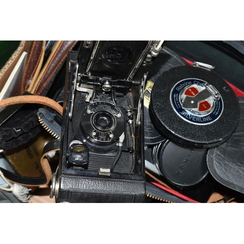 447 - A BOX OF CAMERAS AND PHOTOGRAPHIC EQUIPMENT, to include a Pentax ME camera fitted with a Pentax F1.7... 