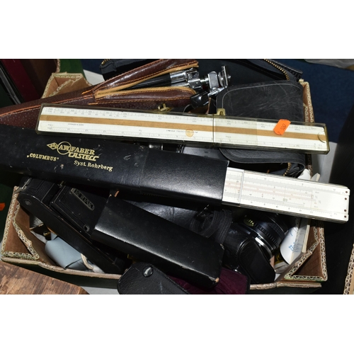 447 - A BOX OF CAMERAS AND PHOTOGRAPHIC EQUIPMENT, to include a Pentax ME camera fitted with a Pentax F1.7... 