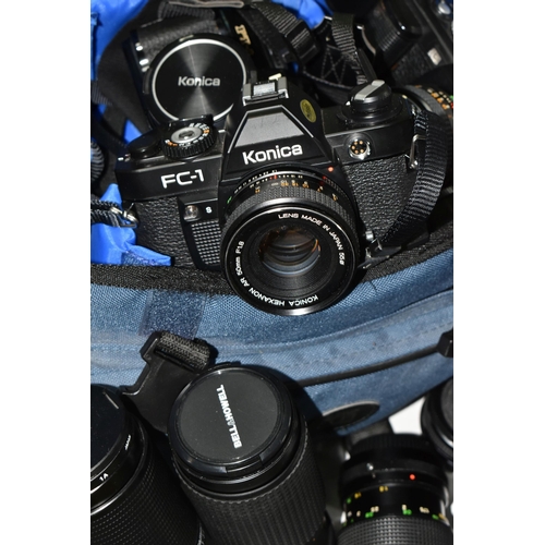 453 - A BOX OF CAMERAS AND PHOTOGRAPHIC EQUIPMENT, to include a Konica FS-1 camera fitted with an f1.8 50m... 