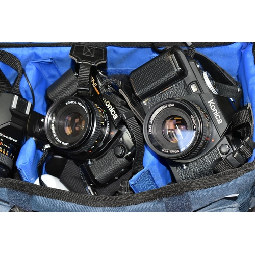 453 - A BOX OF CAMERAS AND PHOTOGRAPHIC EQUIPMENT, to include a Konica FS-1 camera fitted with an f1.8 50m... 