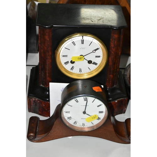 467 - TWO MANTEL CLOCKS, comprising a Victorian black slate and red marble mantel clock made in Newcastle,... 