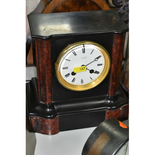 467 - TWO MANTEL CLOCKS, comprising a Victorian black slate and red marble mantel clock made in Newcastle,... 