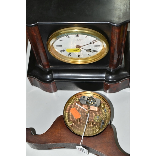 467 - TWO MANTEL CLOCKS, comprising a Victorian black slate and red marble mantel clock made in Newcastle,... 