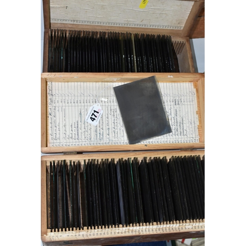 471 - TWO BOXES OF GLASS PHOTOGRAPHIC NEGATIVE SLIDES (approx. 10.7cm x 8.2cm) containing 100 slides featu... 