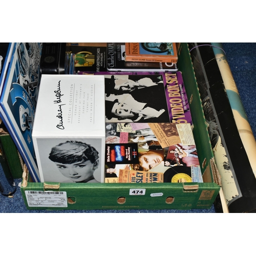 474 - ONE BOX OF ENTERTAINMENT EPHEMERA comprising Elvis Presley books, CDs, DVDs and vinyl record coaster... 