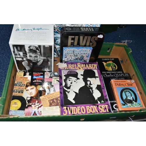 474 - ONE BOX OF ENTERTAINMENT EPHEMERA comprising Elvis Presley books, CDs, DVDs and vinyl record coaster... 