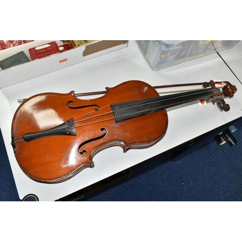 476 - AN UNAMED VIOLA AND BOW, with a Romberg bevel finger board, length of body 41cm, length from scroll ... 