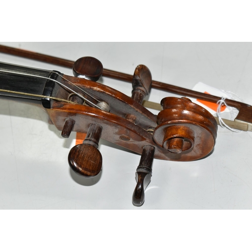 476 - AN UNAMED VIOLA AND BOW, with a Romberg bevel finger board, length of body 41cm, length from scroll ... 