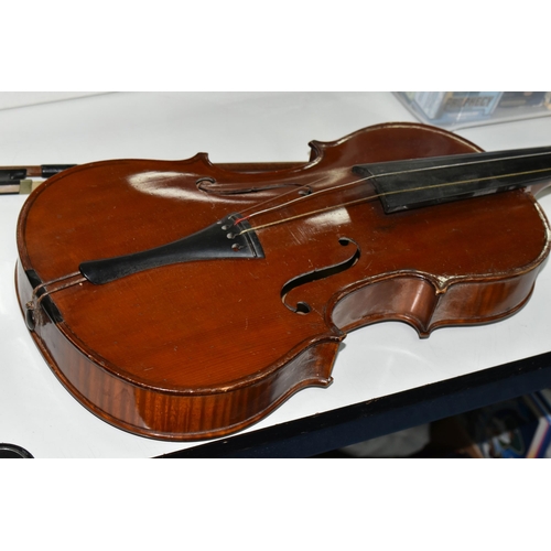 476 - AN UNAMED VIOLA AND BOW, with a Romberg bevel finger board, length of body 41cm, length from scroll ... 