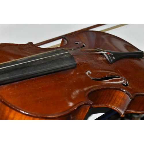 476 - AN UNAMED VIOLA AND BOW, with a Romberg bevel finger board, length of body 41cm, length from scroll ... 