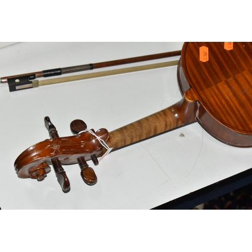 476 - AN UNAMED VIOLA AND BOW, with a Romberg bevel finger board, length of body 41cm, length from scroll ... 