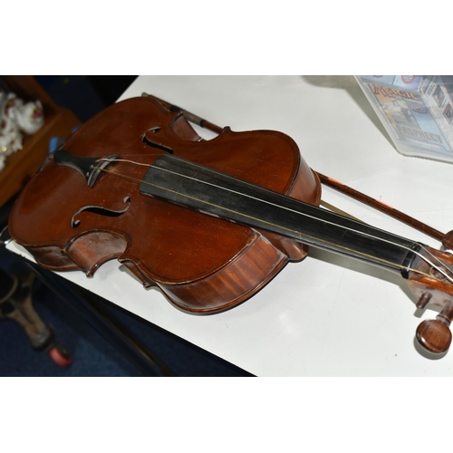 476 - AN UNAMED VIOLA AND BOW, with a Romberg bevel finger board, length of body 41cm, length from scroll ... 