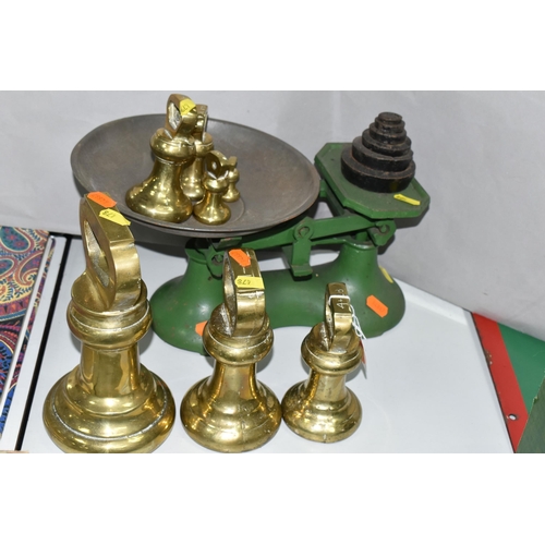 478 - A SET OF CAST BALANCE SCALES AND BRASS WEIGHTS, comprising a green painted set of cast scales with a... 