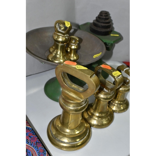 478 - A SET OF CAST BALANCE SCALES AND BRASS WEIGHTS, comprising a green painted set of cast scales with a... 