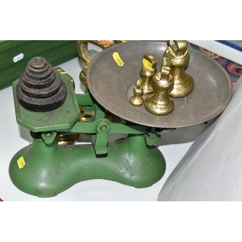 478 - A SET OF CAST BALANCE SCALES AND BRASS WEIGHTS, comprising a green painted set of cast scales with a... 