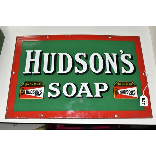 479 - A WALL MOUNTED ENAMEL 'HUDSON'S SOAP' ADVERTISING SIGN, some enamel loss, damage and wear mainly to ... 