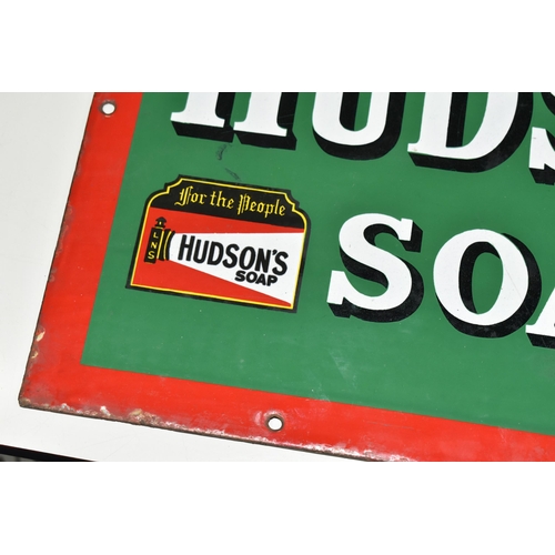 479 - A WALL MOUNTED ENAMEL 'HUDSON'S SOAP' ADVERTISING SIGN, some enamel loss, damage and wear mainly to ... 