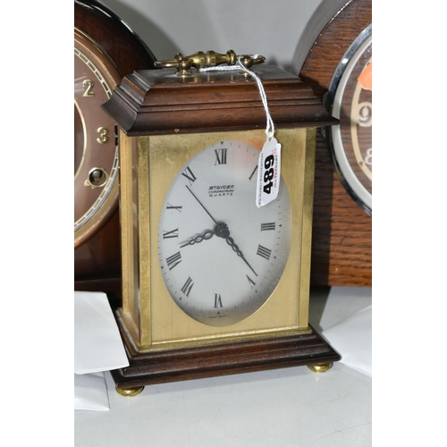 489 - TWO MANTEL CLOCKS AND ONE CARRIAGE CLOCK, comprising a Staiger chrometron quartz carriage clock, hei... 