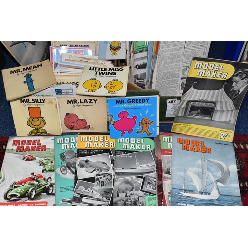 492 - TWO BOXES OF MR. MEN BOOKS AND MODEL MAKER MAGAZINES, to include a large collection of 1950s and 196... 