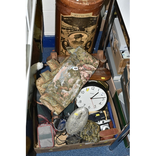 494 - ONE BOX AND LOOSE MISCELLANEOUS SUNDRIES, to include a wooden 'Camel seat', two wall clocks, a set o... 