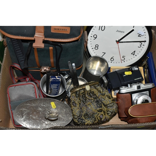 494 - ONE BOX AND LOOSE MISCELLANEOUS SUNDRIES, to include a wooden 'Camel seat', two wall clocks, a set o... 