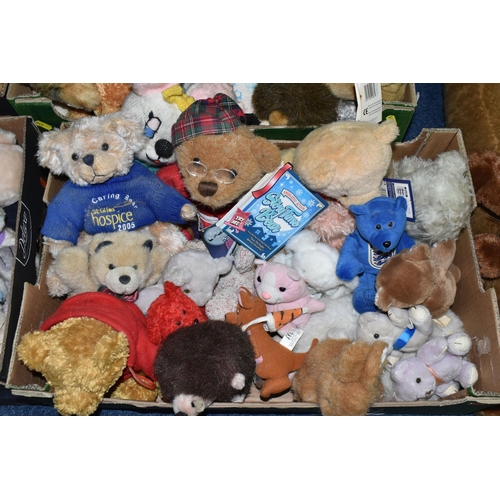 510 - FOUR BOXES OF SOFT TOYS AND TEDDY BEARS, to include a quantity of St. Giles Hospice bears, Russ bear... 