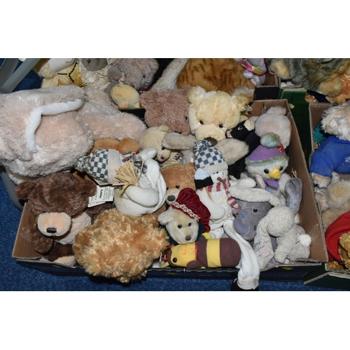 510 - FOUR BOXES OF SOFT TOYS AND TEDDY BEARS, to include a quantity of St. Giles Hospice bears, Russ bear... 