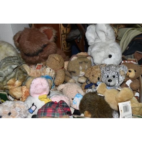 510 - FOUR BOXES OF SOFT TOYS AND TEDDY BEARS, to include a quantity of St. Giles Hospice bears, Russ bear... 