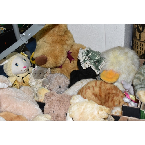 510 - FOUR BOXES OF SOFT TOYS AND TEDDY BEARS, to include a quantity of St. Giles Hospice bears, Russ bear... 