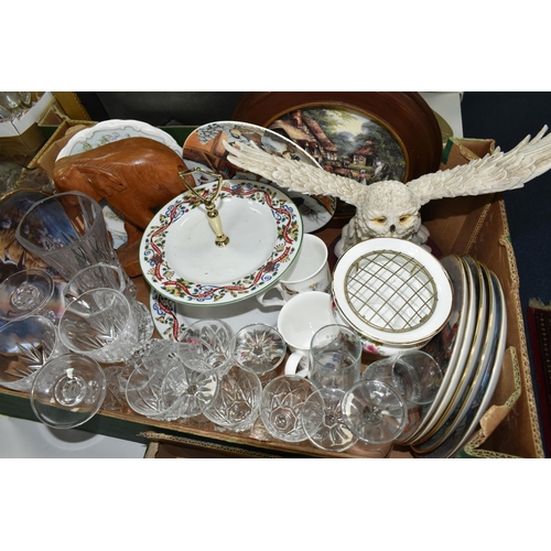 522 - FOUR BOXES AND LOOSE CERAMICS, GLASS, METAL WARE AND DOLLS, to include a vase with dragonflies and s... 