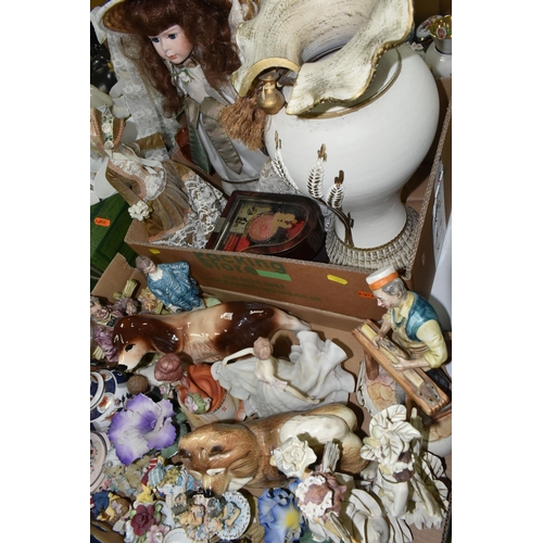 522 - FOUR BOXES AND LOOSE CERAMICS, GLASS, METAL WARE AND DOLLS, to include a vase with dragonflies and s... 