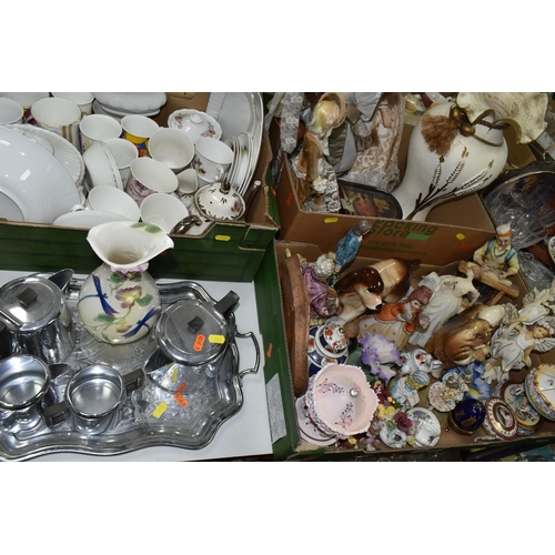 522 - FOUR BOXES AND LOOSE CERAMICS, GLASS, METAL WARE AND DOLLS, to include a vase with dragonflies and s... 