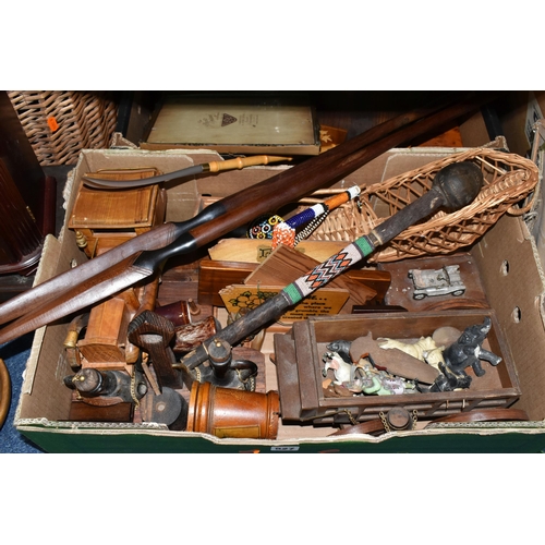 527 - TWO BOXES AND LOOSE TREEN AND WOODEN ITEMS ETC, to include a Mauchline ware thread holder in the for... 