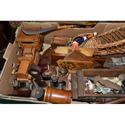 527 - TWO BOXES AND LOOSE TREEN AND WOODEN ITEMS ETC, to include a Mauchline ware thread holder in the for... 