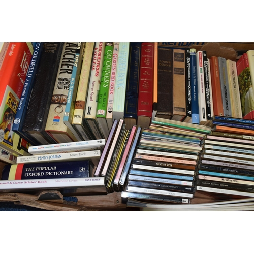 529 - SIX BOXES OF BOOKS, LP RECORDS, SINGLES & CDS containing over 100 miscellaneous book titles in hardb... 