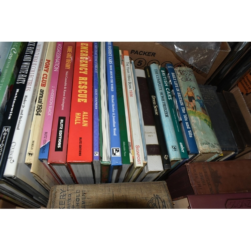 529 - SIX BOXES OF BOOKS, LP RECORDS, SINGLES & CDS containing over 100 miscellaneous book titles in hardb... 