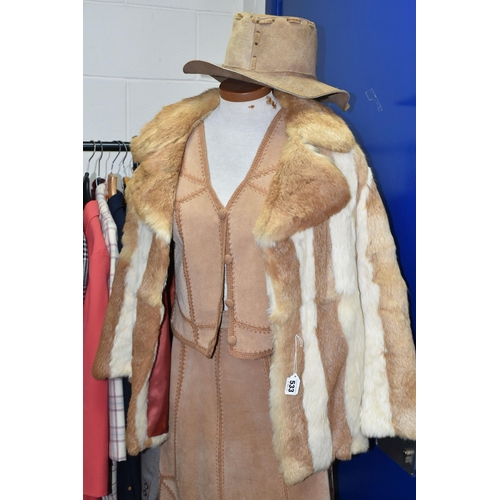 533 - THREE BOXES AND LOOSE VINTAGE CLOTHING, to include a ladies' cream and apricot striped fur jacket, a... 