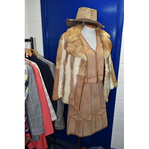 533 - THREE BOXES AND LOOSE VINTAGE CLOTHING, to include a ladies' cream and apricot striped fur jacket, a... 