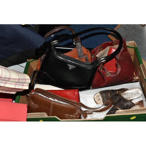 533 - THREE BOXES AND LOOSE VINTAGE CLOTHING, to include a ladies' cream and apricot striped fur jacket, a... 