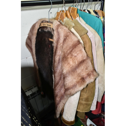 533 - THREE BOXES AND LOOSE VINTAGE CLOTHING, to include a ladies' cream and apricot striped fur jacket, a... 