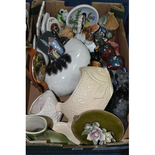 536 - TWO BOXES AND LOOSE CERAMICS AND ORNAMENTS, to include Capodimonte rose ornaments, a Cloisonné trink... 