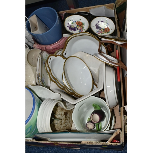 536 - TWO BOXES AND LOOSE CERAMICS AND ORNAMENTS, to include Capodimonte rose ornaments, a Cloisonné trink... 