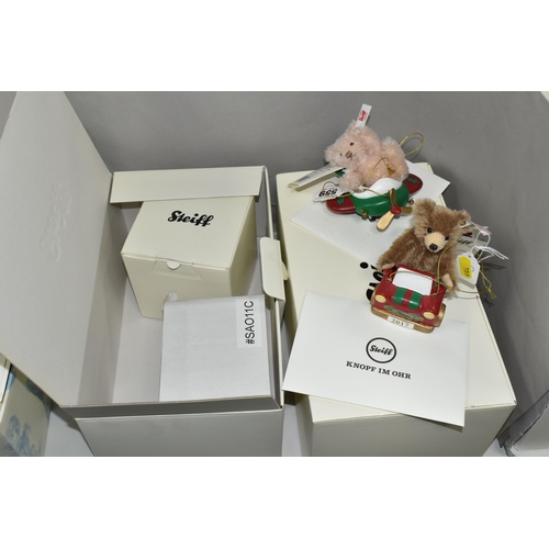 559 - TWO BOXED LIMITED EDITION STEIFF CHRISTMAS ORNAMENTS, comprising 2017  690440 Bear in a toy car No.5... 