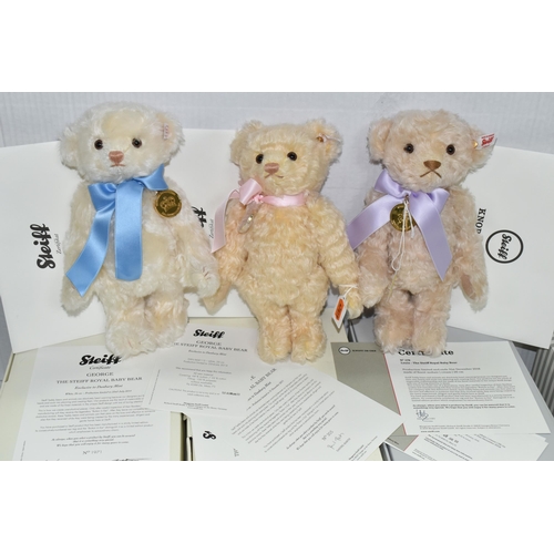 577 - THREE BOXED LIMITED EDITION STEIFF TEDDY BEARS, produced to celebrate the births of Prince George, P... 